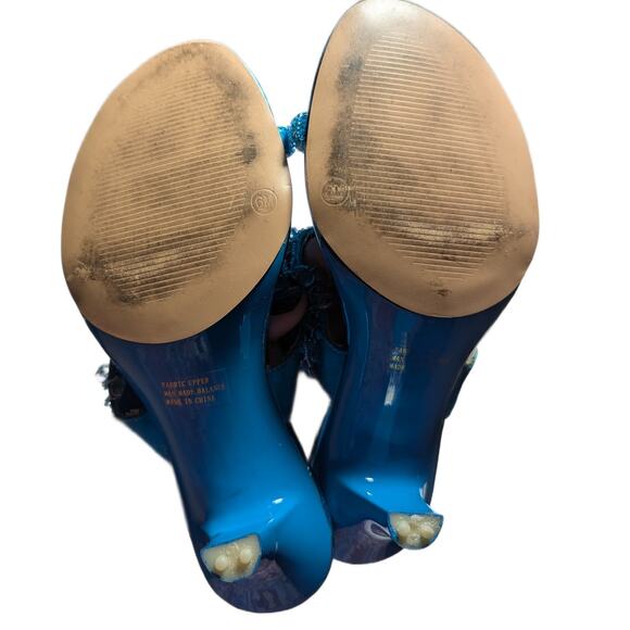 Vtg Y2K Blue Metallic Faux Leather Boho Beaded Toe Loop Kitten Heel Sands Sz 6 - Picture 5 of 7